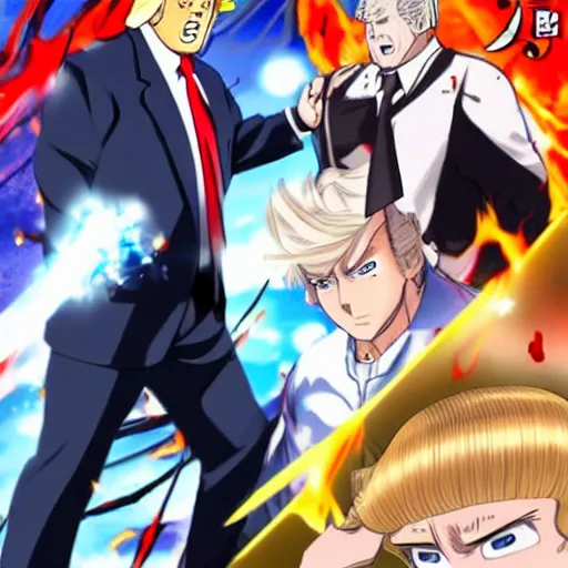 Prompt: an anime featuring the final fight between Trump and Putin