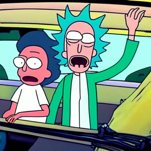 Prompt: ultra realistic rick and morty riding in a car wearing sunglasses