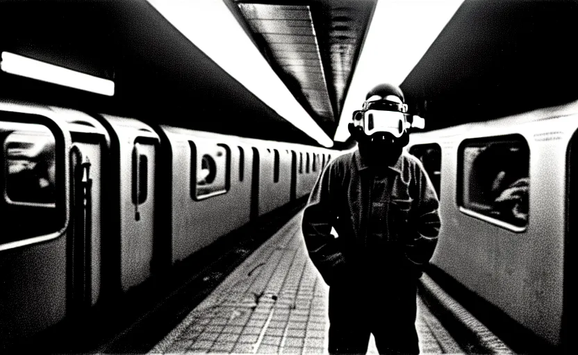 Image similar to welder wearing welding masks in the subway, by richard avedon, ominous lighting, tri - x pan stock