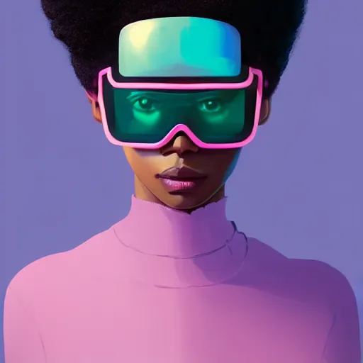 Prompt: beautiful woman wearing opaque reflective goggles profile picture by greg rutkowski, brown skin, long afro hair, asymmetrical, futuristic, pastel neon colors, streetwear, studio ghibli, organic painting, matte painting, geometric shapes, hard edges, street art, trending on the artstation, fantasy lut, realistic by sachin teng,