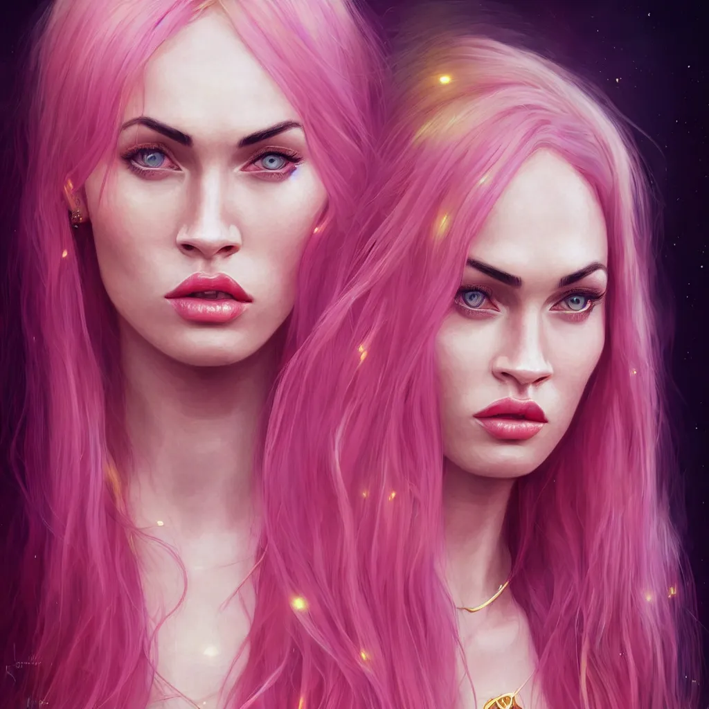 Image similar to Portrait of a beautiful pale skin Nordic female megan fox with long pink hair, elegant, photorealistic, highly detailed, artstation, smooth, sharp focus, gold ornaments, neon lighting, sci-fi, art by Klimt