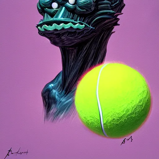 Image similar to a tennis ball monster with a tennis racquet, bust shot, smooth, intricate, elegant, power aura, digital painting, artstation, concept art, sharp focus, illustration, art by basil gogos - h 6 4 0