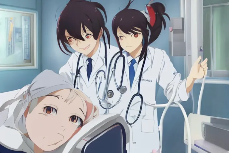 Image similar to a cute young lady, a doctor wearing white coat in hospital ward, slice of life anime, anime scenery by Makoto shinkai