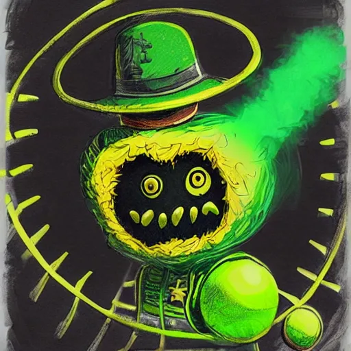 Prompt: a green tennis ball monster dressed like a super hero, black and gold, digital art, fantasy, magic, chalk, trending on artstation, ultra detailed, professional illustration by basil gogos