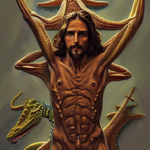 Image similar to fullbody!! dynamic action pose, jesus christ as a scaly cold blooded reptilian lizard crucified, intricate, lizard head, lizard head, humorous, holy cross, religious, absurd, highly detailed, digital painting, artstation, concept art, smooth, sharp focus, illustration, art by artgerm and greg rutkowski and alphonse mucha