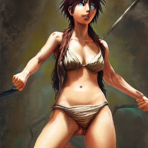 Prompt: eren yeager concept art, detailed oil painting, girl in bikini fighting a monstaer, highly detailed, highly accurate, deep aesthetic, 8 k, highly ornate intricate details, cinematic lighting, rich colors, ray tracing, hyperrealistic, photorealistic, cinematic landscape, trending on artstation,