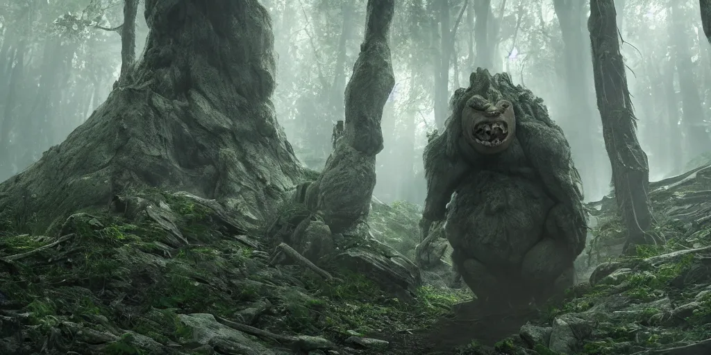 Image similar to a giant armored cave troll in a scary forest in the style of lord of the rings, 8 k, moody lighting, shallow depth of field, raytracing,