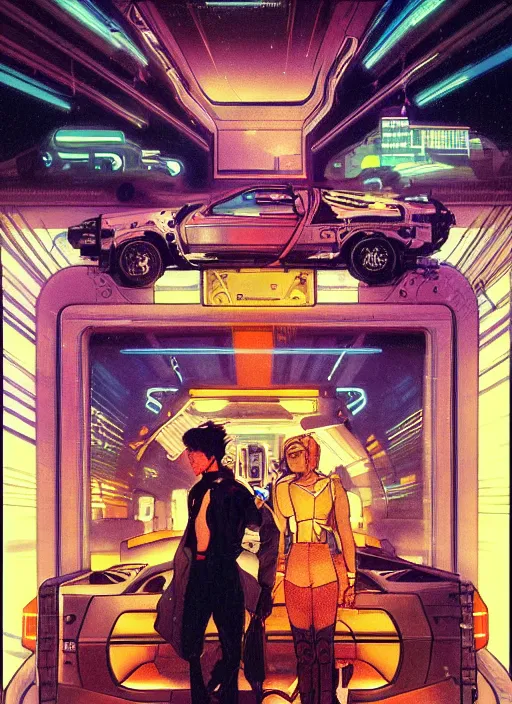 Image similar to portrait of a cyborg boy and a cyborg girl driving a delorean car in the middle of futuristic tokyo at night. diffuse neon light, dramatic landscape, fantasy illustration, matte painting by mucha