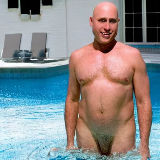 Image similar to bald emilio estevez standing in the water of a pool next to a house with a bottle of champain in the hands