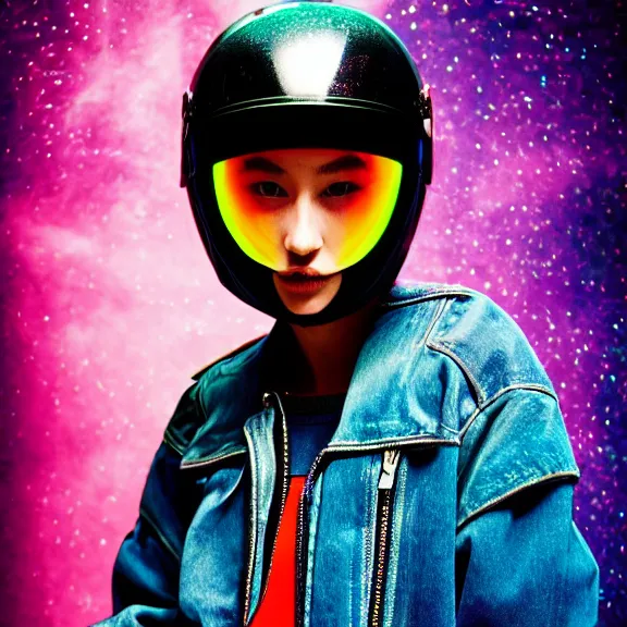 Prompt: model in motorcycle helmet wearing baggy colorful 9 0 s jacket by rick owens. magazine ad. neon nebula background.