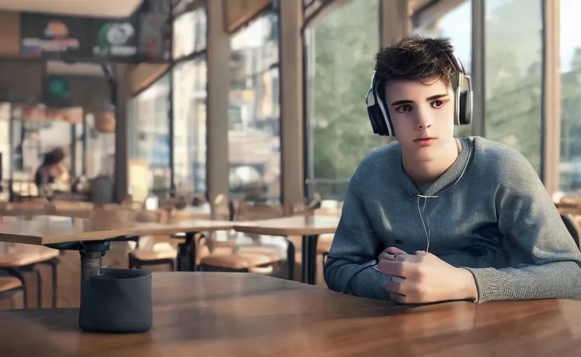 Image similar to a male teenager with headphones in a cafe sitting in front of a table with a coffee, digital painting, masterpiece, digital art, concept art, octane render, unreal engine 5, trending on deviantart, highly detailed, high quality, 4 k, cartoon, high coherence, realistic, anatomically correct, five fingers, relaxing, realistic and detailed face, beautiful, elegant