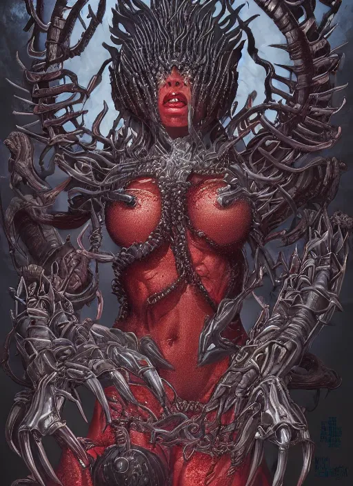 Image similar to a hyper detailed full body portrait of the queen of blades, diablo 4 lilith, by yusuke murata, by hiroya oku, by dorian cleavenger, by tom bagshaw, by zdzisław beksinski, trending on artstation