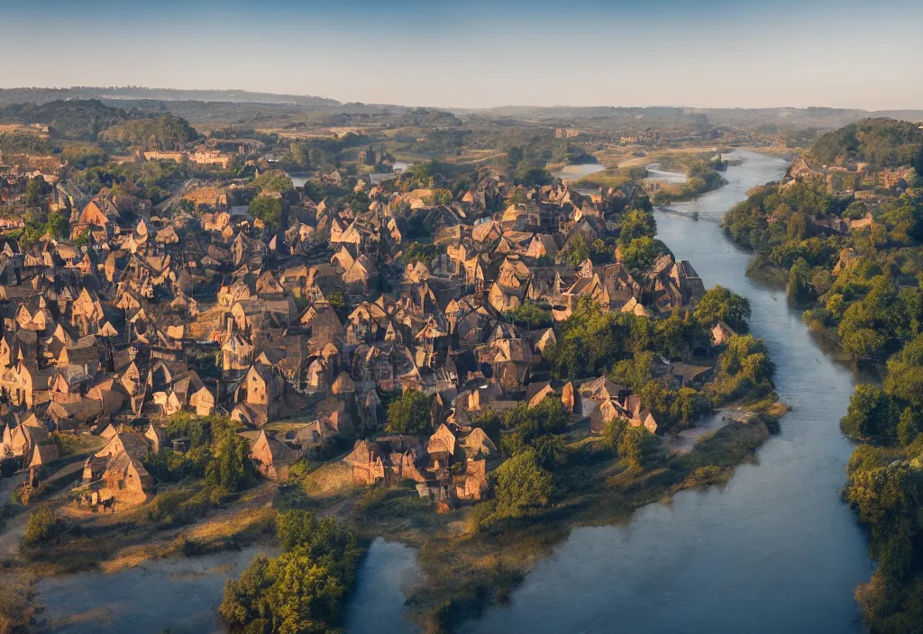 Prompt: a fantastic medieval township on the banks of a giant river, morning, beautiful, high contrast, 4 k, cinematic