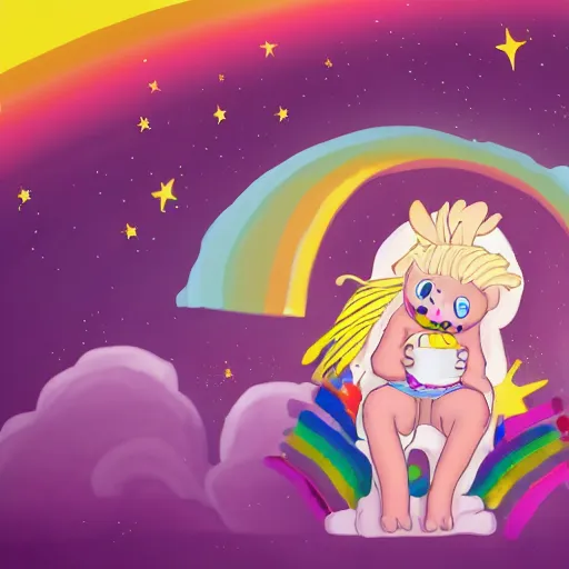 Image similar to adorable little albino girl with blonde dreads eating ice cream, smiling, sitting on top of a rainbow, high quality, fantasy, stars, rainbow, care bear land with my little pony vibes, concept art