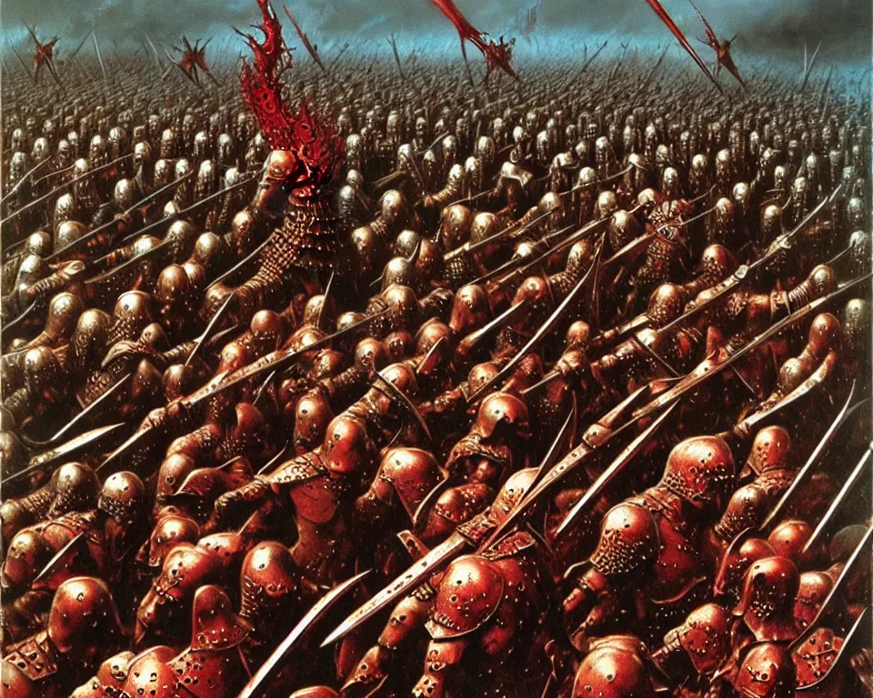 Prompt: A medieval battle of armies of warriors in detailed spiked armor. Puddles and splashes of blood, severed limbs, anger. Extremely high detail, realistic, medieval fantasy art, masterpiece, art by Zdzisław Beksiński, Boris Vallejo