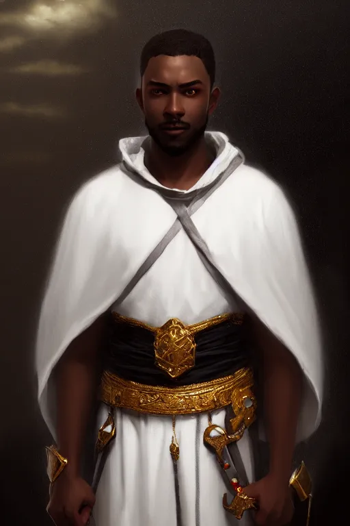 Image similar to a portrait of a black male prince, white cape, illustration, soft lighting, soft details, dark mood, painting oil on canvas by Edmund Blair Leighton and Charlie Bowater octane render trending on artstation d&d characters, 4k, 8k, HD