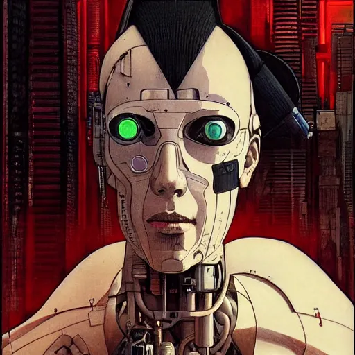 Image similar to Digital portrait of a cyborg from Ghost in the shell by Enki bilal and Salvador Dali, cyberpunk, impressive perspective, aesthetic, masterpiece