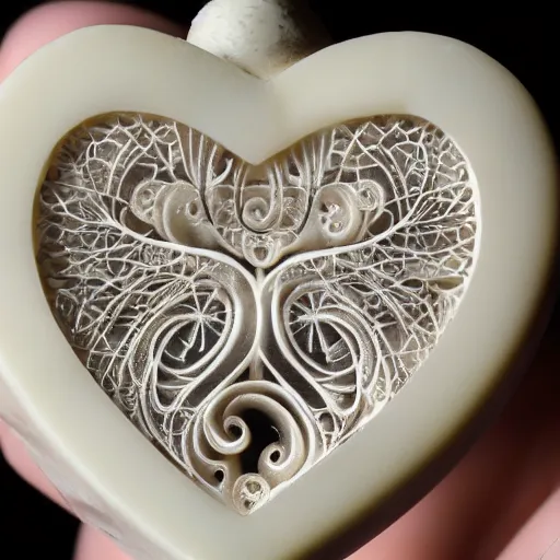 Image similar to intricate heart delicately carved into block of ivory, bioluminescence, tendrils canon 5 d 5 0 mm lens