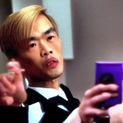 Image similar to a film still of a asian man with blonde hair wearing a purple suit in American Psycho(2000)