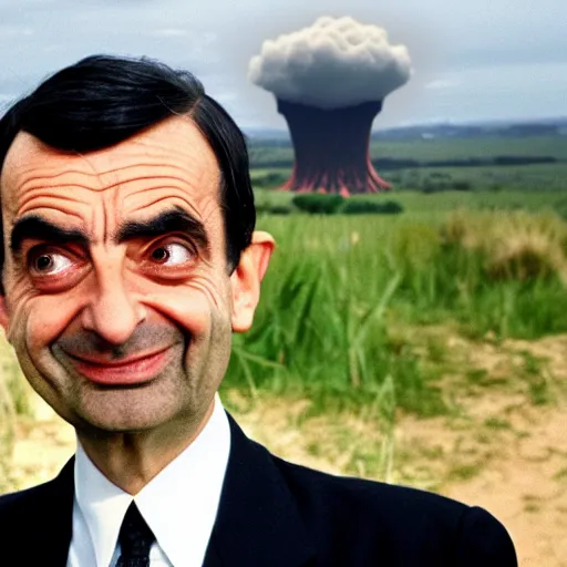 Image similar to Photo of Mr Bean, there is a mushroom cloud in the background