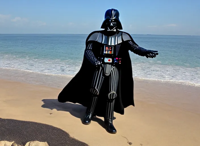 Prompt: darth vader frolicking at the beach