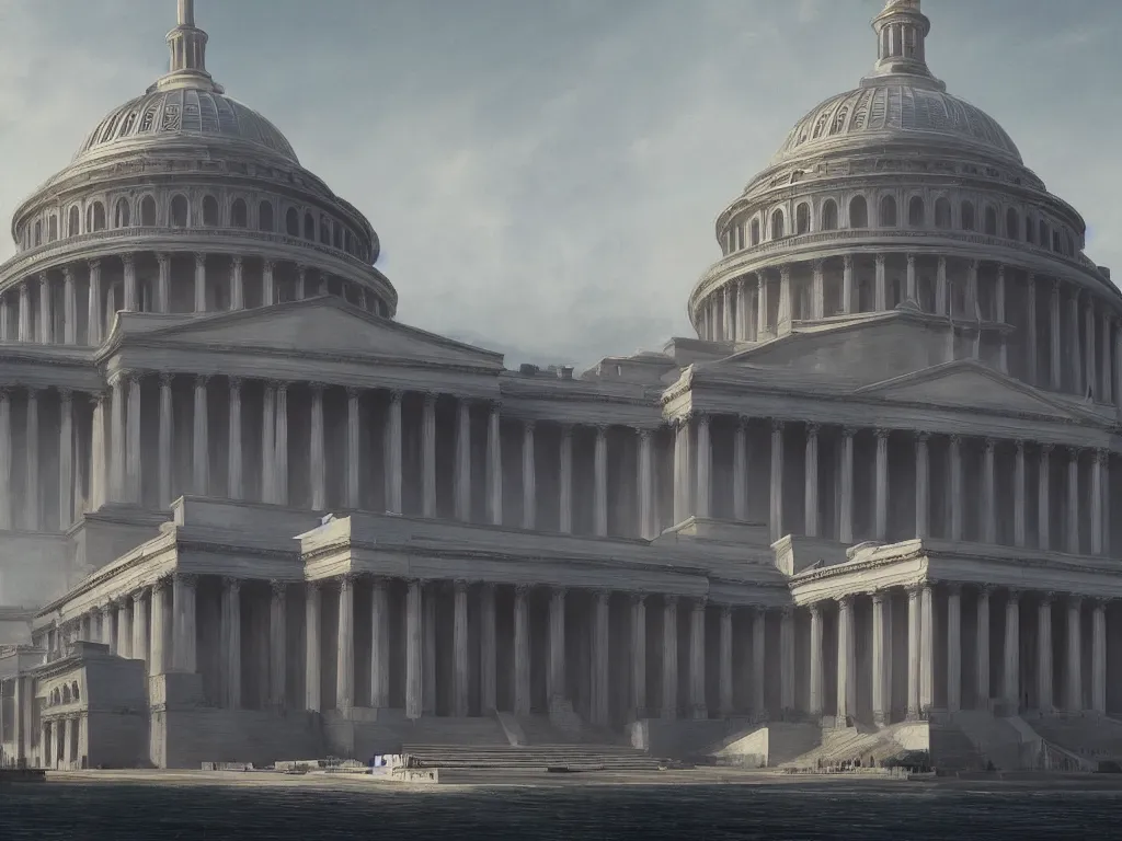 Image similar to matte painting by fan wennan. future capitol of the american communist party shining in the sun after the triumph of socialism in america, hyperdetailed, cinematic, photorealistic, hyperrealism, masterpiece, future communist governmental architecture, statue, imposing, strength, abundance. america 2 0 9 8