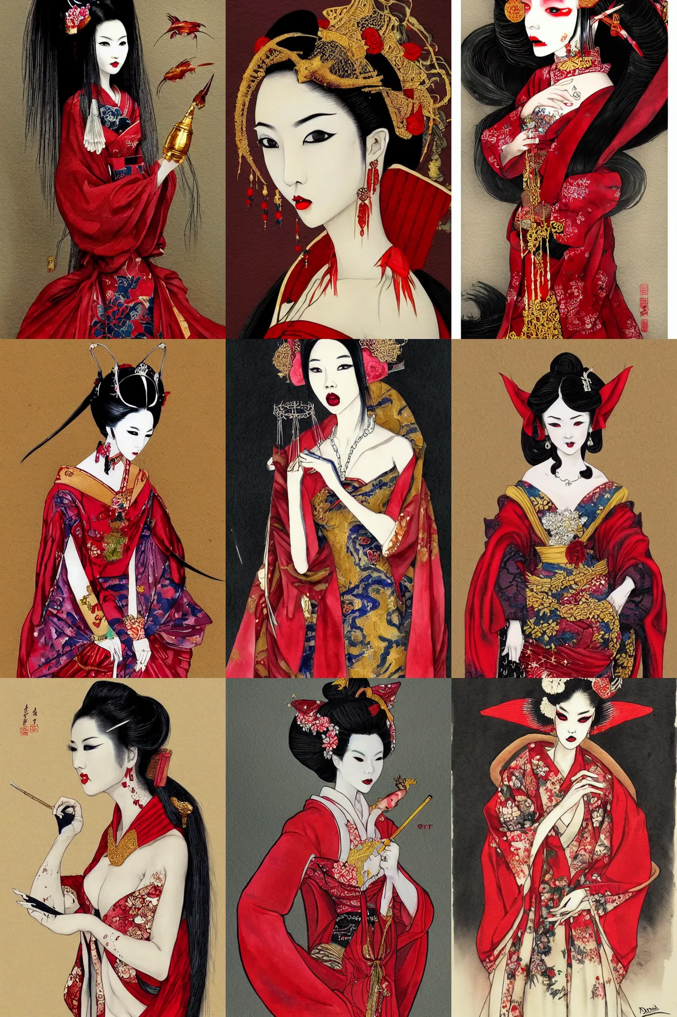 Prompt: watercolor painting of avant - garde portrait of an asian bjd geisha vampire queen with a long neck in a victorian red dress painted by daniel, intricate detail, artstation, artgerm, in the style of dark - fantasy, rococo, gold leaf art