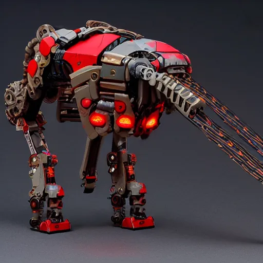 Prompt: kitbashed mechanical elephant, horizon zero dawn style, model kit, wires protruding out, weaponised, red LED eyes