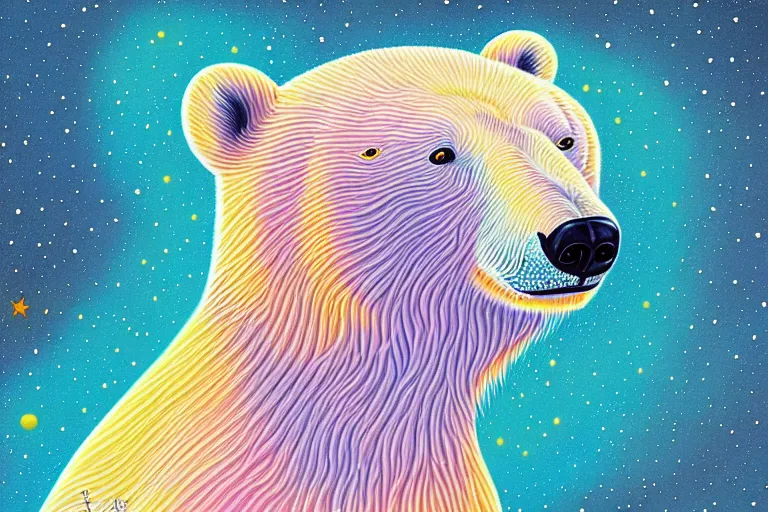 Image similar to a relaxed polar bear looking to the sky by lisa frank, alex grey, flooko, acrylic, digital art, painting,