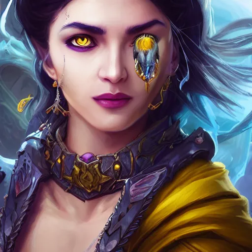 Prompt: portrait of woman sorceress wearing a young arabian nomad half wolf, with yellow cloths, league of legends splash art, hearthstone splash art, full body shot, rule of thirds, ultrafine hyperrealistic detailed face, artgerm, greg rutkowski, trending on artstation, 8 k, intricately detailed, highly detailed