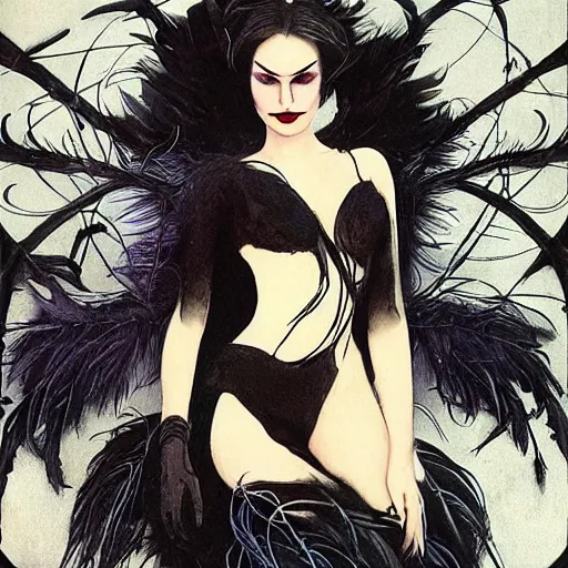 Image similar to dark swan queen, black hair, black feathers instead of hair, gothic, red lips, feathers growing out of skin, black fingers with black claws, bird feet, black bodysuit, disney villain, dark fae, moulting, suspended in zero gravity, on spaceship with cables hanging down, highly detailed, mucha, mike mignogna, comic book, illustration