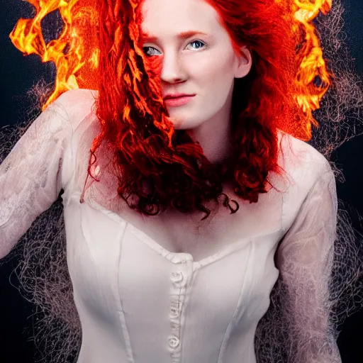 Prompt: a highly detailed headshot portrait of a beautiful red haired woman wearing a dress made of fire concept art
