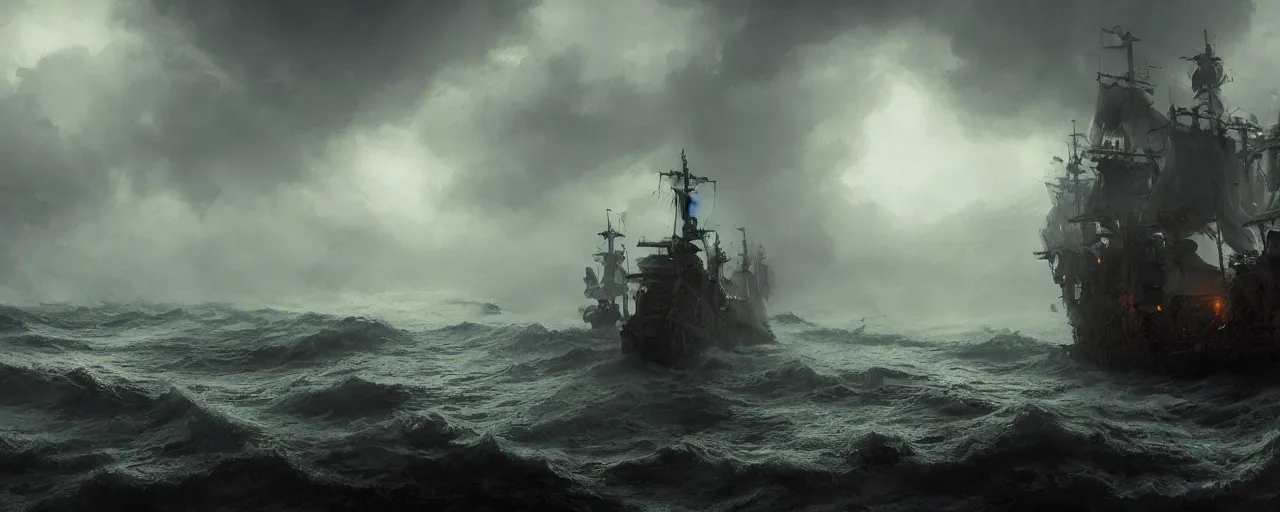 Prompt: fantasy ornate pirate warship on a stormy sea, fog, night, dramatic lighting, greg rutkowski, 4 k, artstation, matte painting, artstation