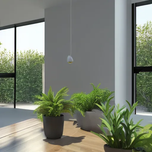 Prompt: a modern indoor room, clean architecture, some plants, peaceful, 8K octane render