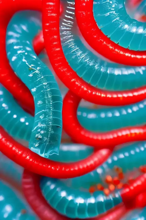 Image similar to high quality close-up photo translucent gelatinous worms! gorgeous red dots highly detailed hannah yata elson peter cinematic turquoise lighting high quality low angle hd 8k sharp shallow depth of field