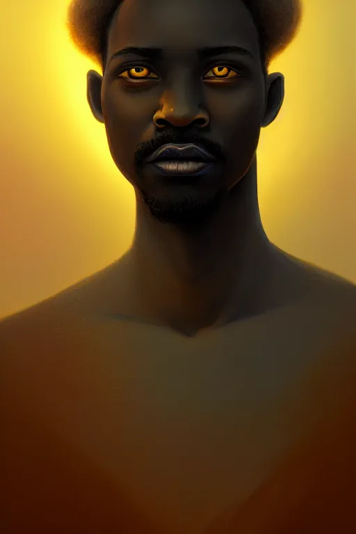 Image similar to Bioluminescent, portrait of a black guy , very intricate , trending on artstation , very elegant, in the golden hour by Daniel Merriam, Trending on Artstation, oil on Canvas by Elena Zhurikhina and Goro Fujita and Charlie Bowater, octane render, 4k, 8k, HD