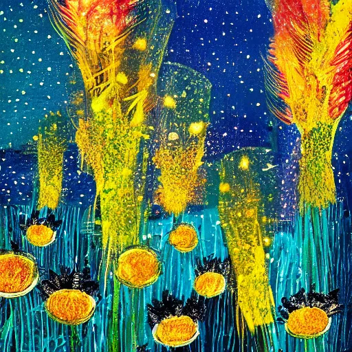 Image similar to a field of fireflies, colorful, ethereal, mixed media, paint, collage, bright