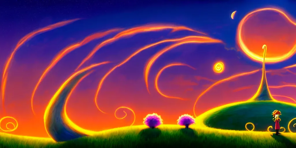 Image similar to cartoon concept art, calm night nightscape, spiral clouds, from lorax movie