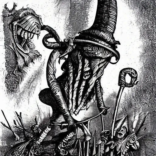 Prompt: one, two! one, two! and through and through the vorpal blade went snicker - snack! he left it dead, and with its head he went galumphing back | by lewis carroll and hp lovecraft with doctor seuss and hr giger