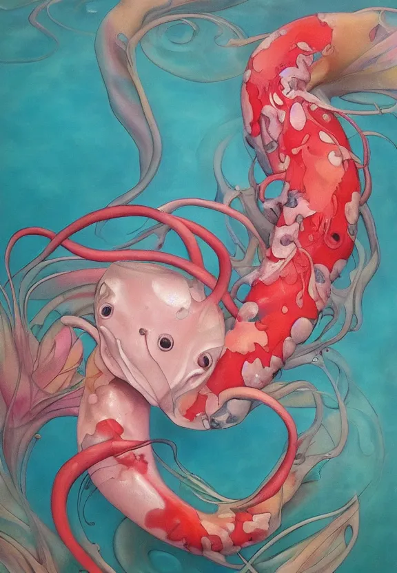 Image similar to a biomorphic painting of a koi, flower, surrealist painting by krenz cushart and dorothea tanning, pastel blues and pinks, melting, plastic, featured on artstation, tentacles, pink bees, metaphysical painting, oil on canvas, fluid acrylic pour art, airbrush art, concept art hyper realistic, rococo, lovecraftian