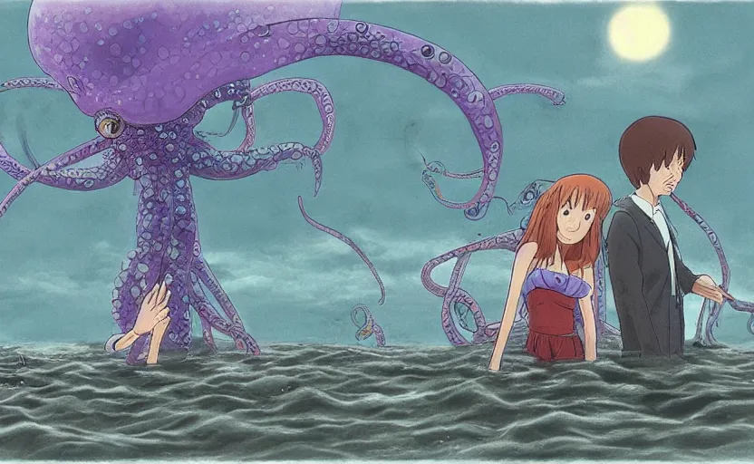 Image similar to a realistic cell - shaded studio ghibli concept art from paprika ( 2 0 0 6 ) of a flying multi - colored octopus from close encounters of the third kind ( 1 9 7 7 ) and a grey long - haired witch in a flooded stonehenge on a misty starry night. very dull colors, wide shot, hd, 4 k, hq