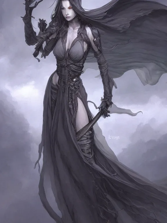 Prompt: female revenant, grey tarnished robes, vengeful, floating, no legs, high fantasy, magitek, monochromatic, matte digital illustration, by koyorin, donato giancola, pixiv