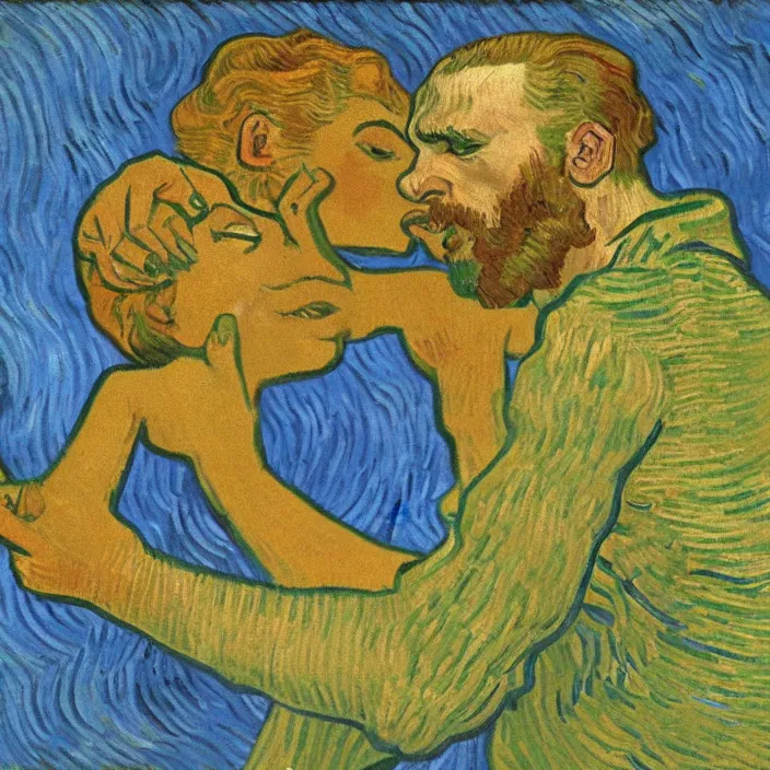 Prompt: one olive - skinned man and one woman kissing, painting by van gogh