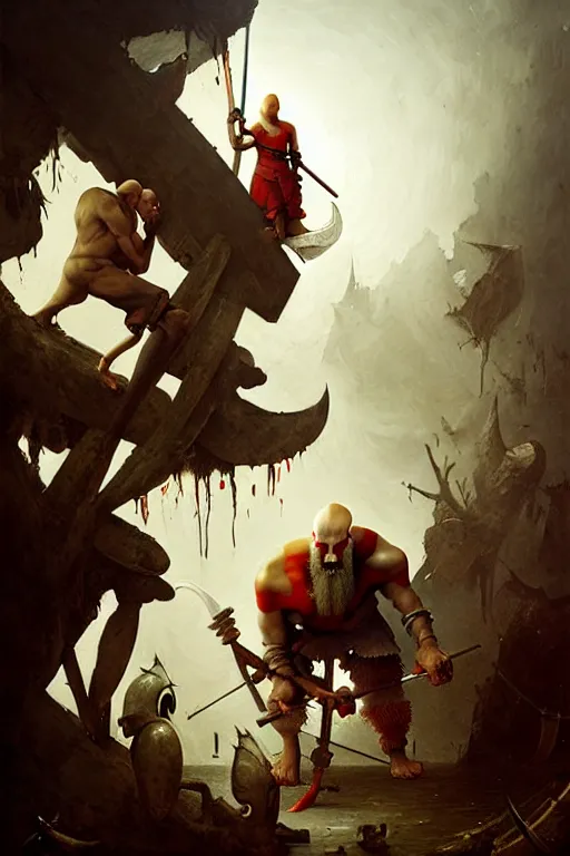 Image similar to hieronymus bosch, greg rutkowski, anna podedworna, painting of kratos fighting weird al yankovich