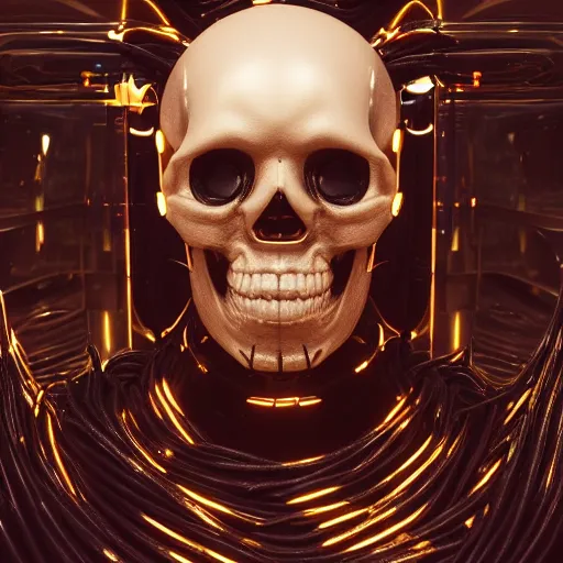 Image similar to portrait of an evil skull marble statue, black and gold wires, hightech, cyberpunk, by kim jung gi, irakli nadar, bright vivid colors, octane render, corona render