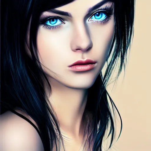 Prompt: photorealistic portrait of beautiful toxic girl, black hair, blue eyes, smooth face, perfect eyes, half body shot, elegant, realistic, glowing skin, detailed, symmetric, faceangelic beauty, sharp focus