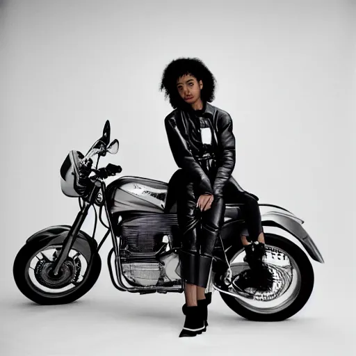 Image similar to realistic photoshooting for a new balenciaga lookbook, color film photography, portrait of a beautiful woman, woman is wearing a motorcycle suit, in style of Tyler Mitchell, 35mm,