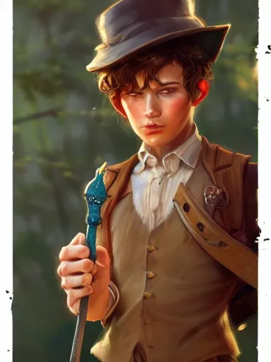 Prompt: a handsome young man, holding a adorned cane. walking in a rural area. intricate, elegant, highly detailed, digital painting, artstation, concept art, sharp focus, illustration, by justin gerard and artgerm, 8 k