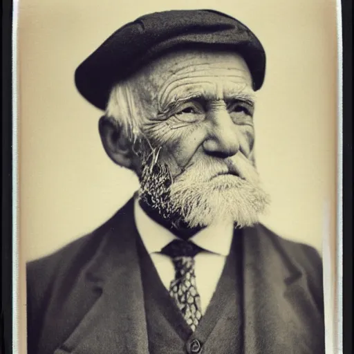 Image similar to polaroid photo of an older man, about 1 2 0 years old, with wrinkles on his face, looking towards infinity with a sad look, a two - day beard and a woolen cap while his lips are chapped by the sun, as well as his dark complexion