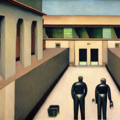 Image similar to drab workers wearing gas masks walking along cloisters, watched by fascist robots, brutalist courtyard, dystopian, pj crook, edward hopper, oil on canvas